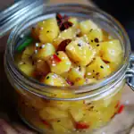 Fresh pineapple chunks with spices and sesame seeds in a glass jar, perfect for flavorful fruit salad or marinade.