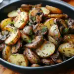 Roasted garlic parmesan potatoes with fresh herbs served in a black bowl for a delicious side dish or snack.