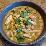 Creamy chicken and bean soup with corn and fresh cilantro in a blue bowl, showcasing a comforting and nutritious meal, perfect for healthy eating and wholesome recipes.