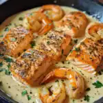 Juicy, perfectly seasoned salmon fillets with grilled shrimp in a rich creamy garlic sauce, garnished with fresh herbs, ideal for a delectable seafood dinner.