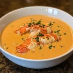 Creamy lobster soup served in a white bowl, garnished with chopped chives. Perfect for seafood lovers craving rich, flavorful, and indulgent lobster bisque. A delicious seafood dish from Queen Recipes.